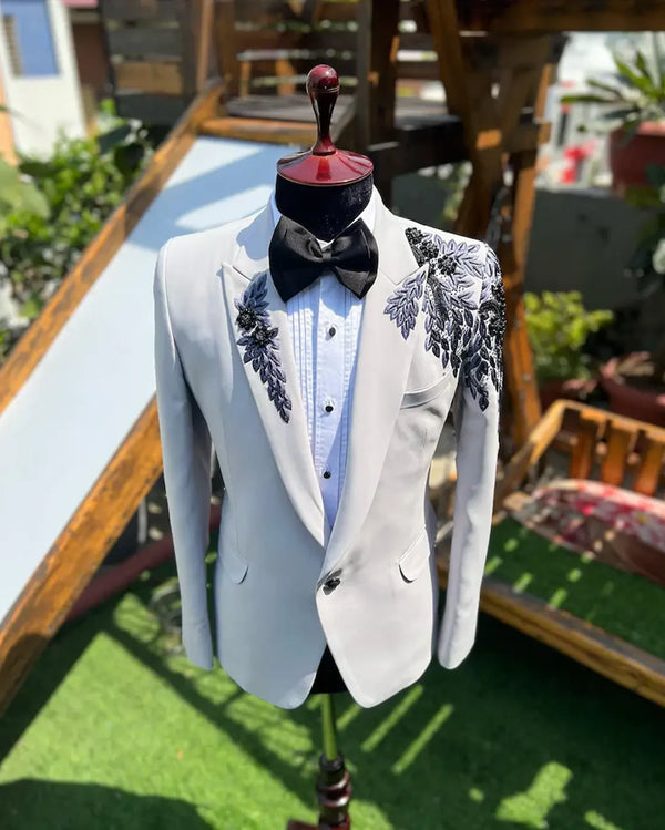 Grey Hand Embroidered Tuxedo Suit